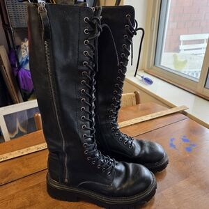 Black Knee-High Platform Combat Boots Lace-Up Side Zip Lug Sole womens 7.5